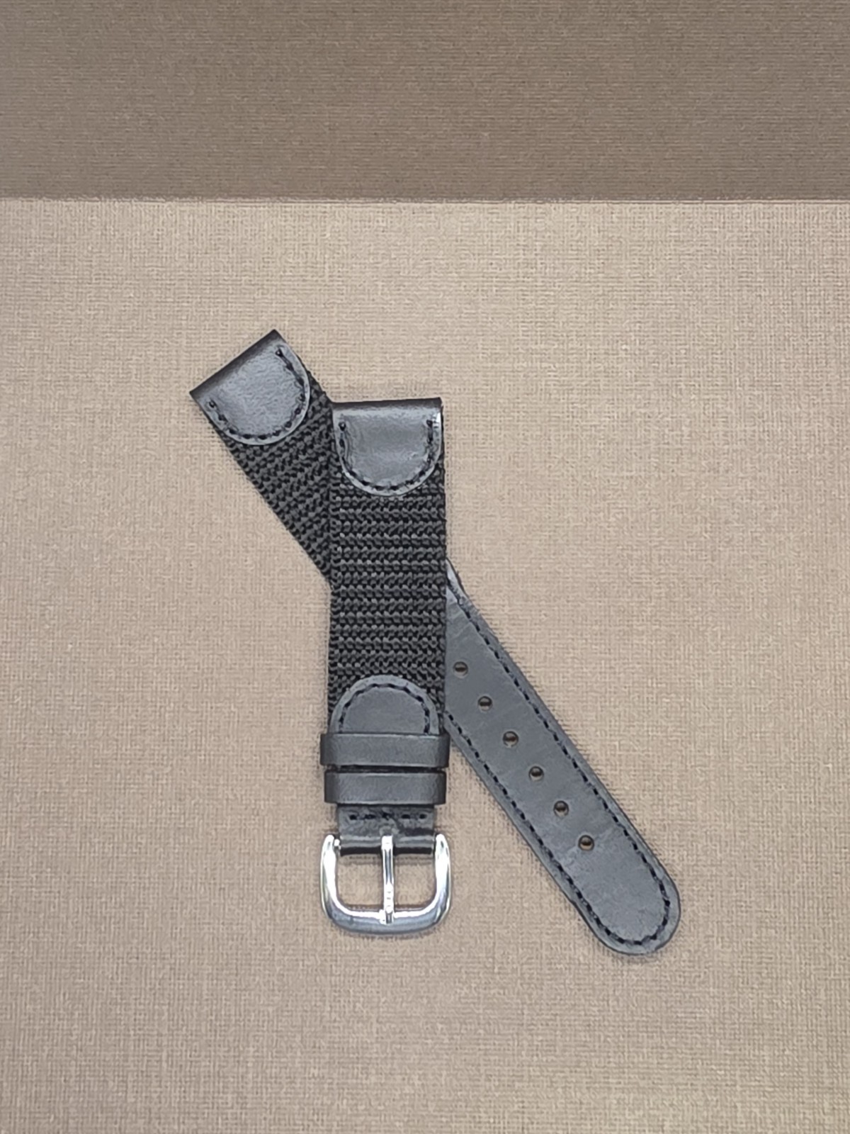 Vintage NOS Swiss Army Style 18mm Black Stitched Leather & Nylon Watch Band