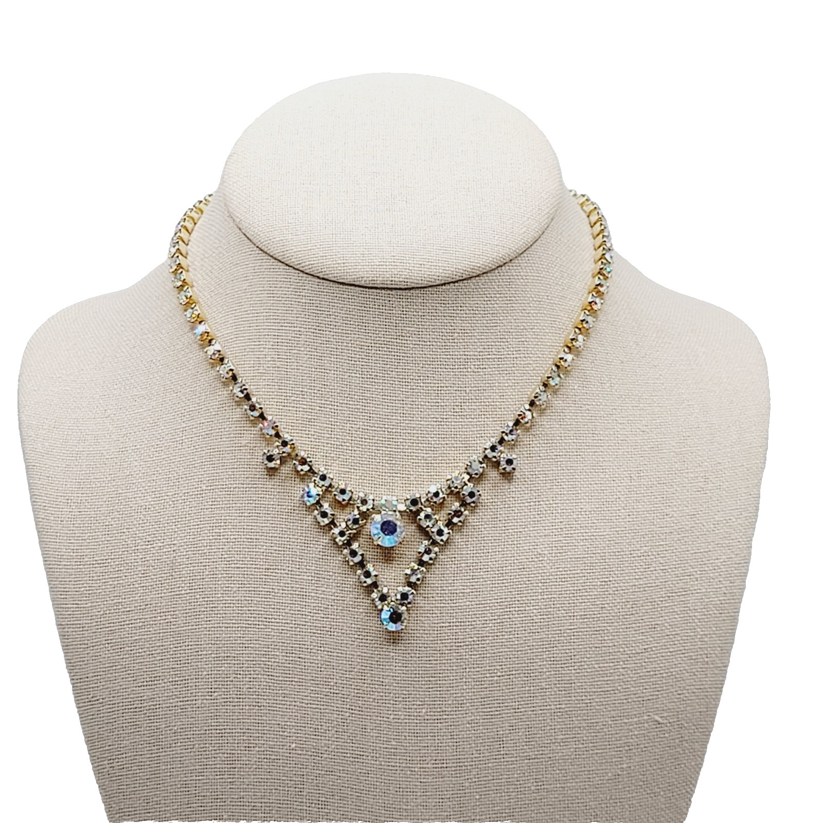Swag or V Style Drop Choker AB Rhinestone Necklace Gold Tone Vintage 15 inch