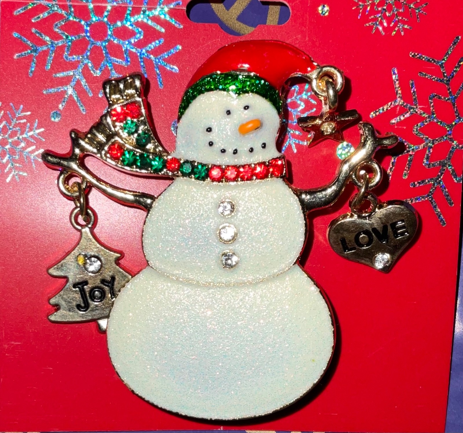Christmas Holiday Joy & Love Snowman Pin w/ Faux Crystals – NOS
