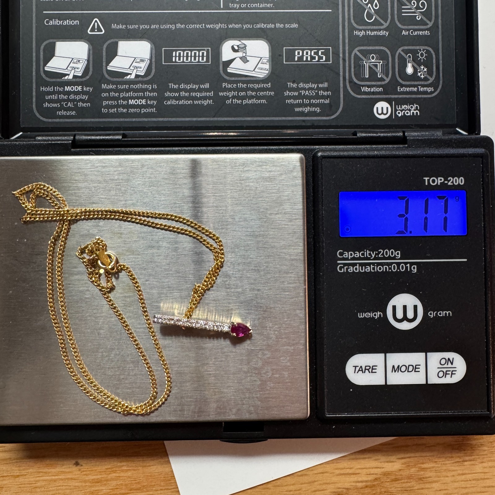 Solid 14k Gold Necklace with Ruby and Diamonds / 3.17 Grams / 18″ Long / 23.29