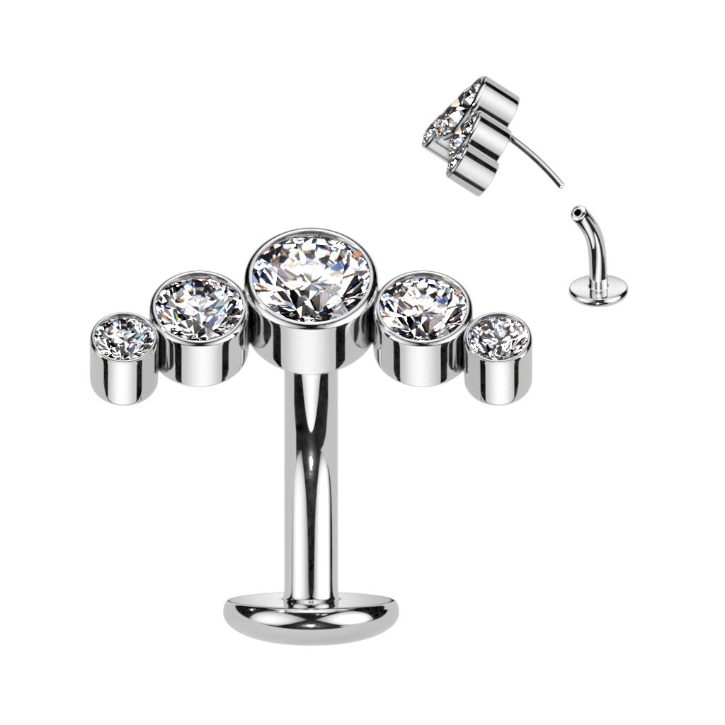 Titanium Threadless Floating Belly Button Ring With 5 Round Bezel CZ
