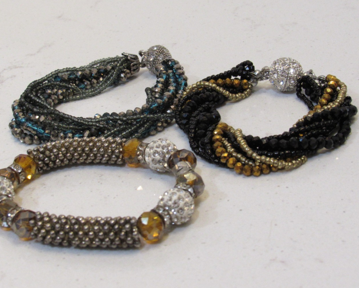 Set of 3 Beaded Bracelets Magnetic Rhinestone Clasp Multi-Strand Black Gold