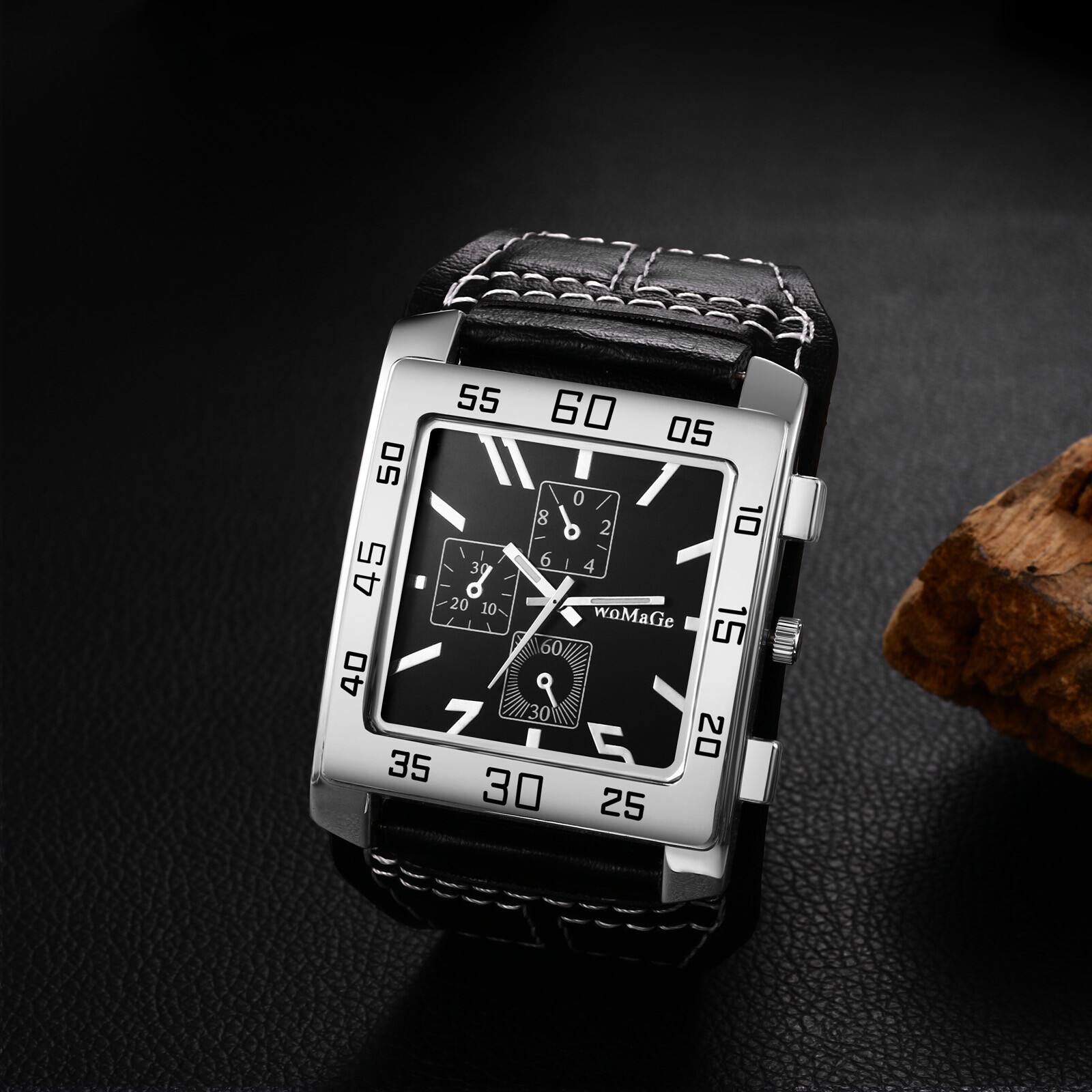 Mens Punk Wide Leather Cuff Band Big Square Dial Analog Quartz Biker Wrist Watch