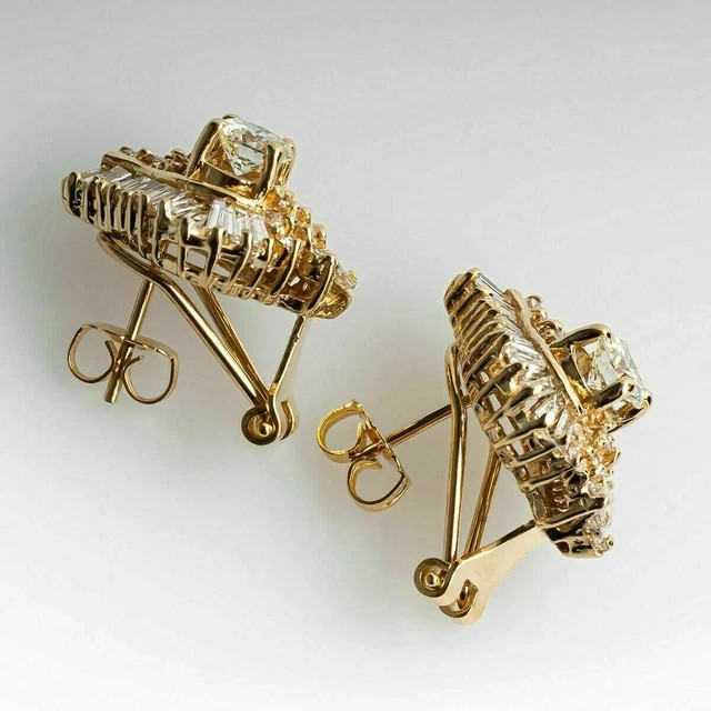 2Ct Round Baguette Cut Lab Created Diamond Stud Earrings 14k Yellow Gold Plated