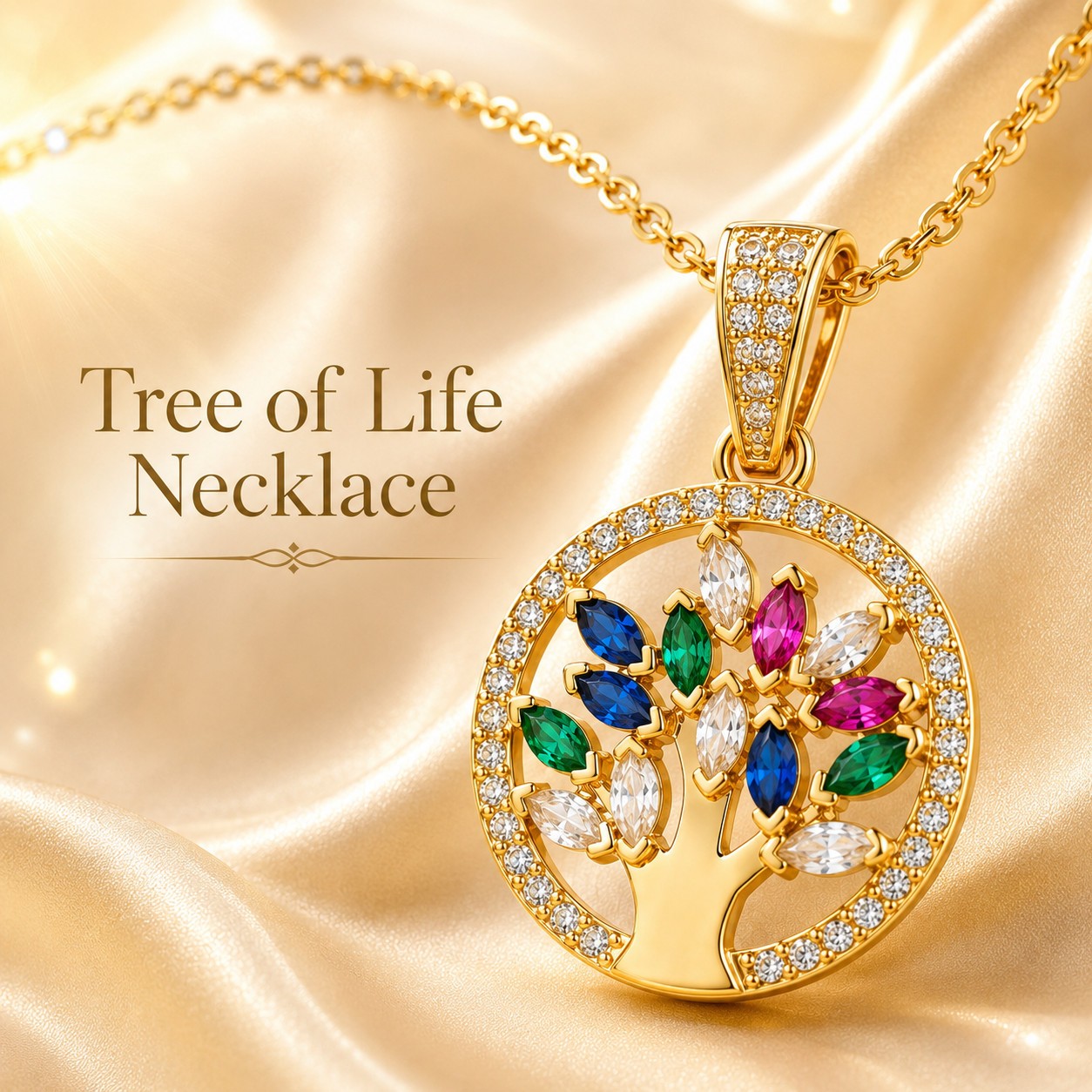 Tree of Life Necklace Women Gold Tone Stainless Steel Pendant Colorful Stones