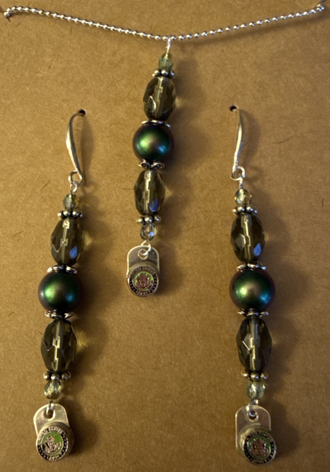 US Army Logo Green Silver Tone Earrings And Necklace Set 18”