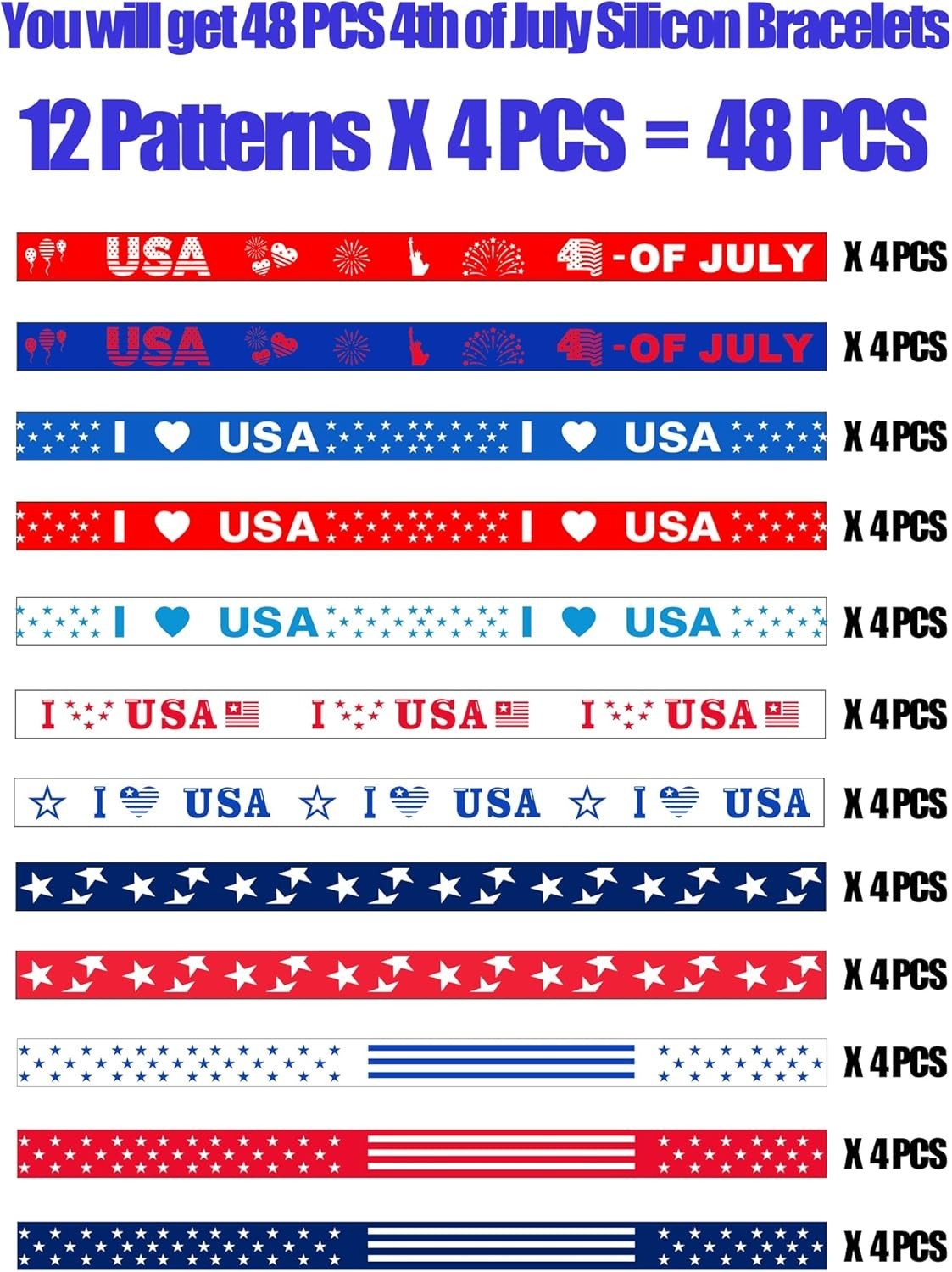 Multicolor Silicone Bracelets – 48PCS Independence Day Party Favors for All Ages