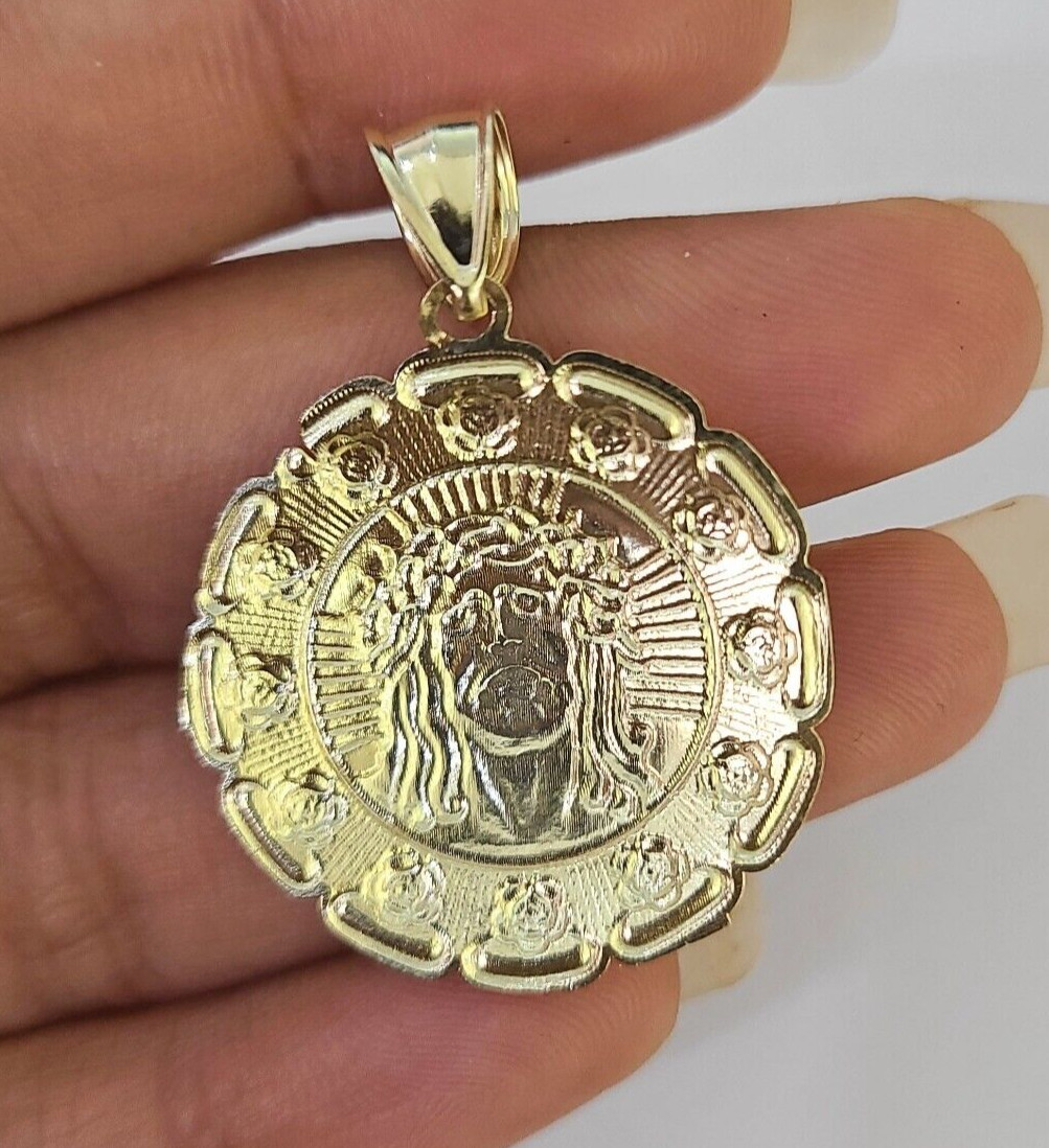 Real 10K Jesus Virgin Mary Pendent Charm 10kt yellow Gold 1.5″ Guadalupe