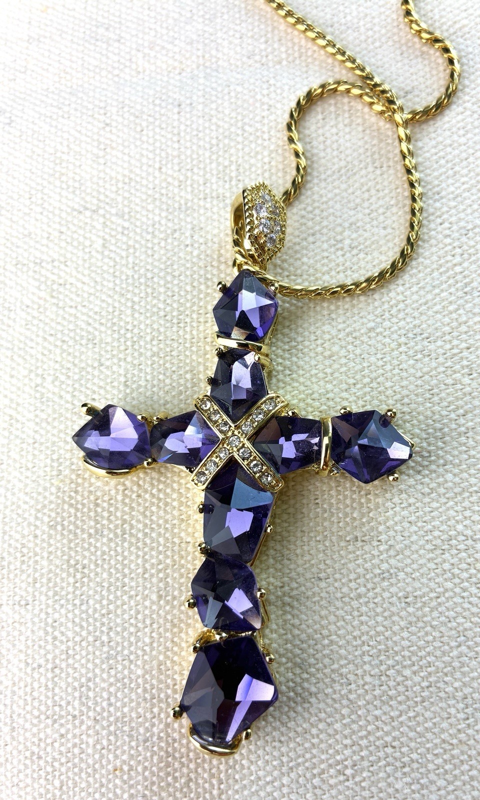 Real Collectibles Adrienne Amethyst Crystal Cross Necklace Gold HSN Box & Card