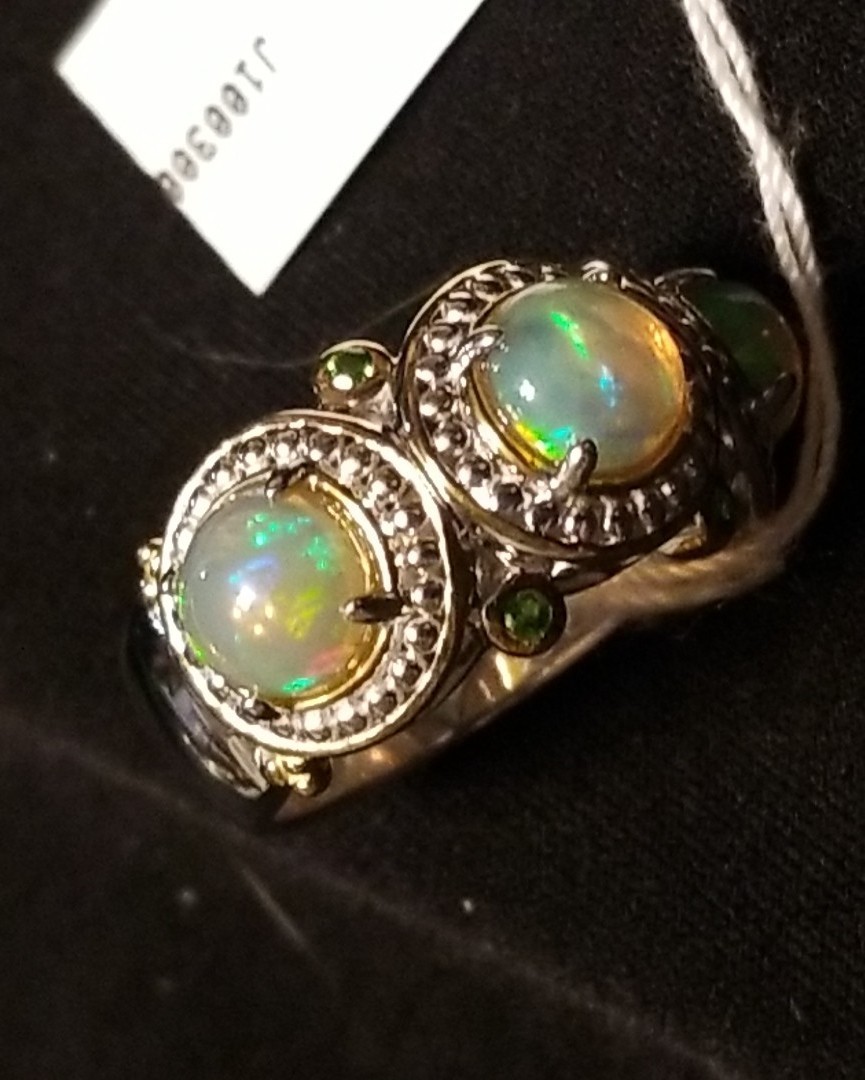 “NEW” Gems En Vogue Opal Ring, 3 Stone Ethiopian Opal Ring, Sterling 925 Size 5