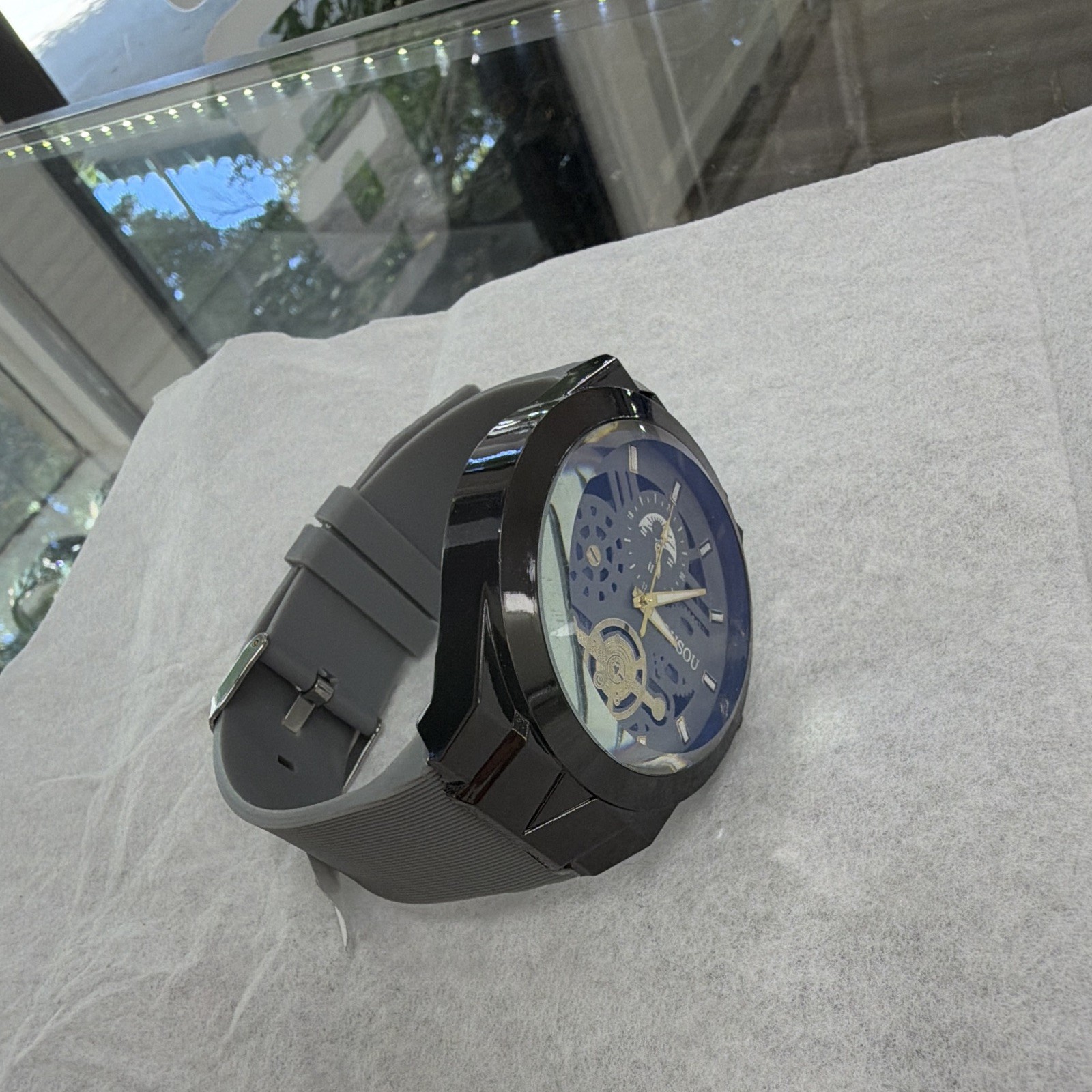 Jiusou Mechanical Automatic Skeleton Dial Analog Watch Black Case Gray Strap