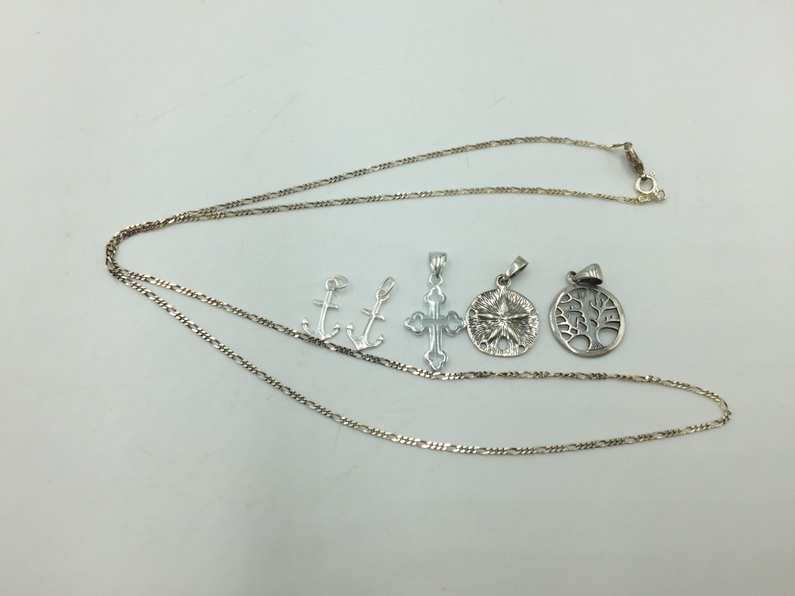 Sterling Silver Necklace W/ 5 Charms,Anchor,Cross,Starfish,Less Than 5 Grams,Z8
