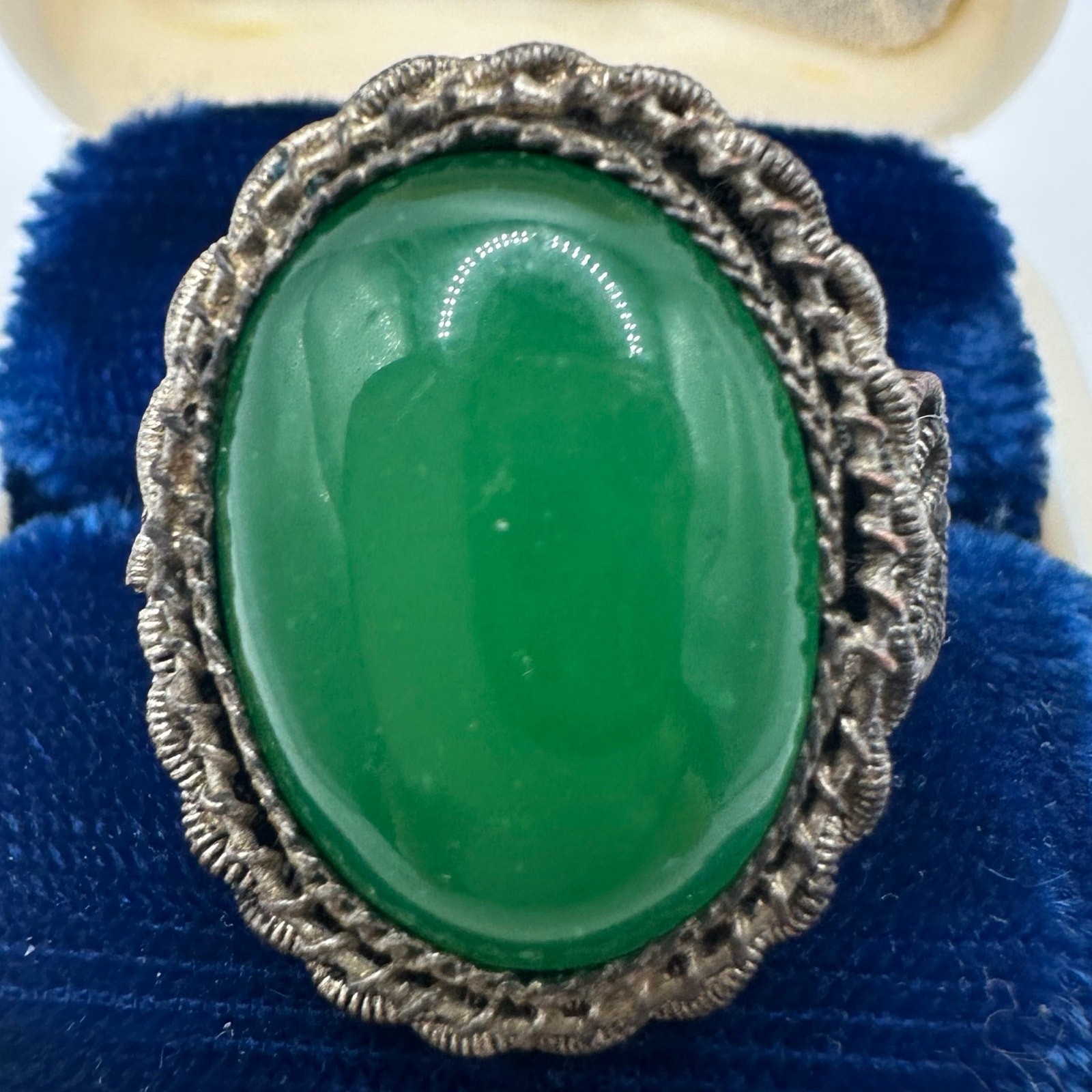 Vintage Chinese export green faux jade glass cabochon adjustable brass ring