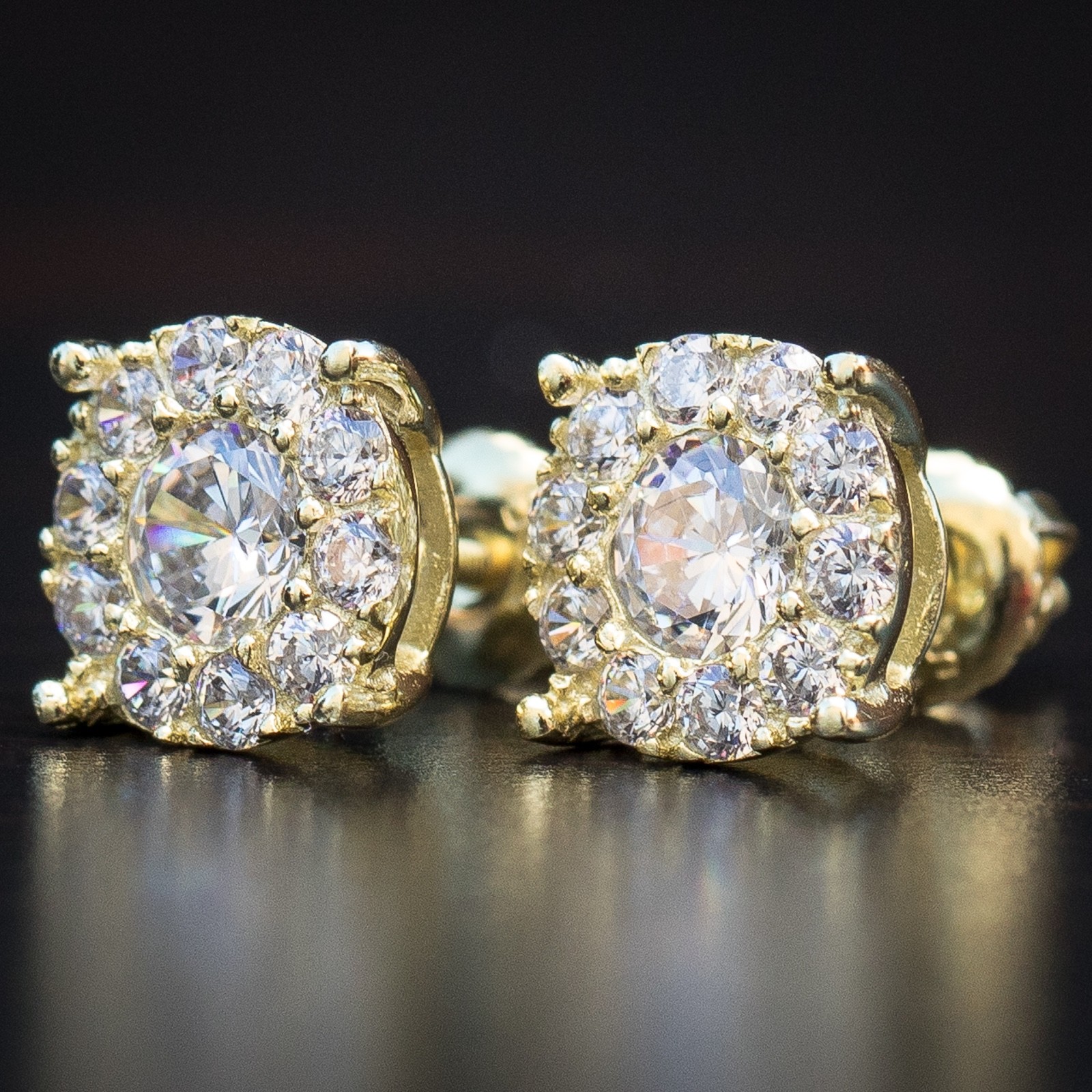 14K Gold Plated Men’s Hip Hop Iced Cluster 925 Sterling Silver Stud Earrings
