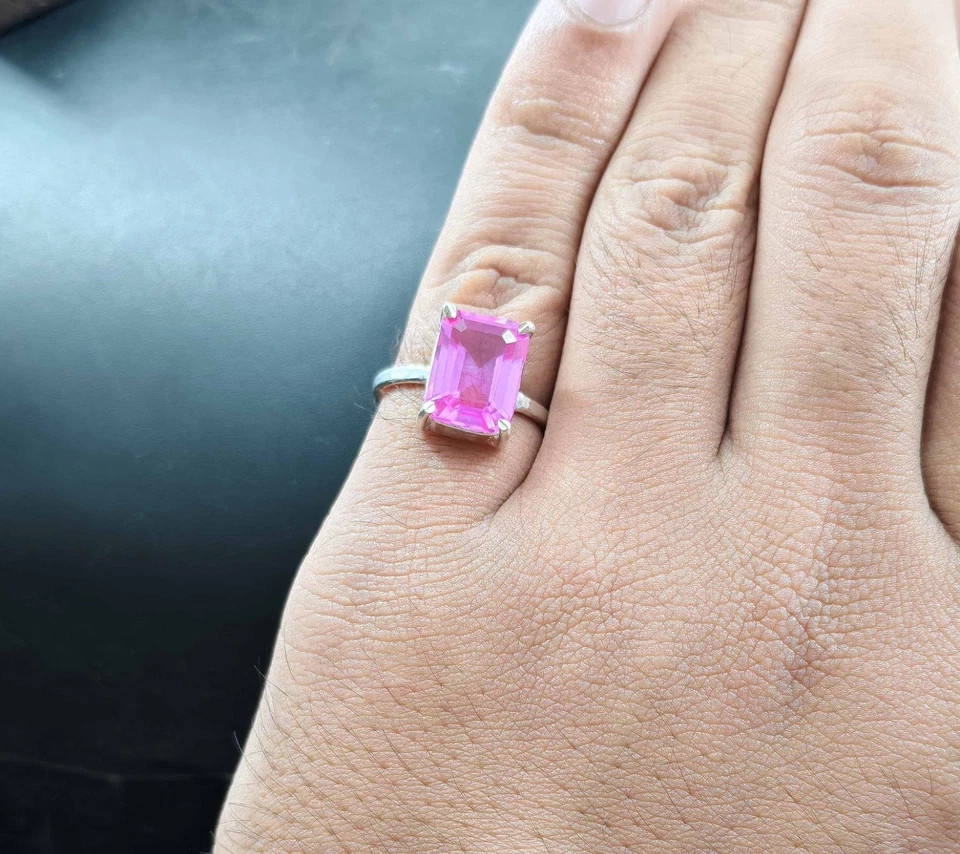 7 Ct Stone Natural Certified Pink Sapphire Emerald Cut Ring Silver Ring Size 9