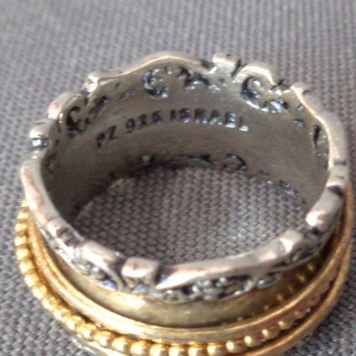 Sterling Silver Two Tone Spinner Band Ring Signed PZ Sz 7 – 7.5 Intricate Scroll