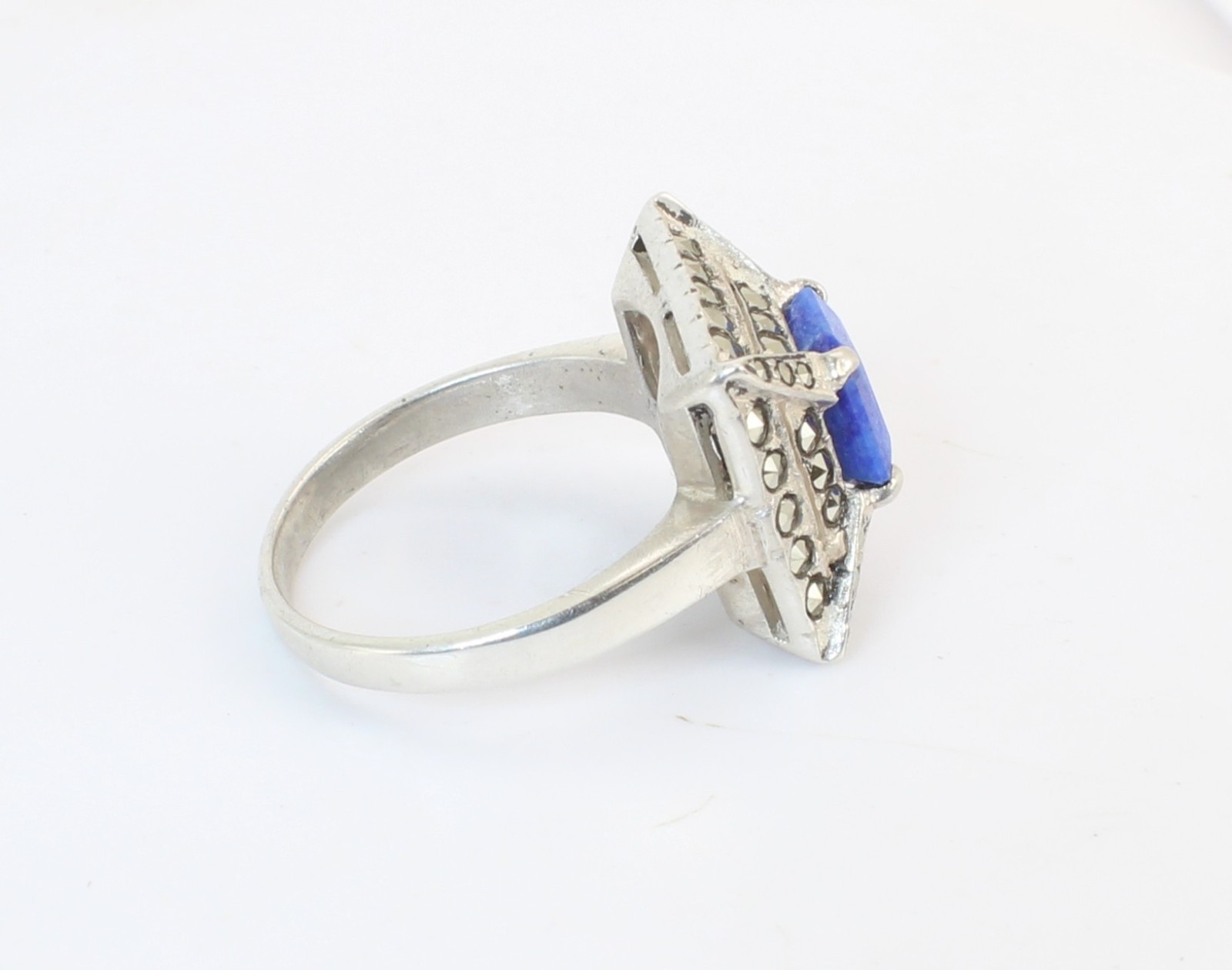 Vintage Blue Sodalite + Marcasite Sterling Silver Ladies Cocktail Ring Size 8