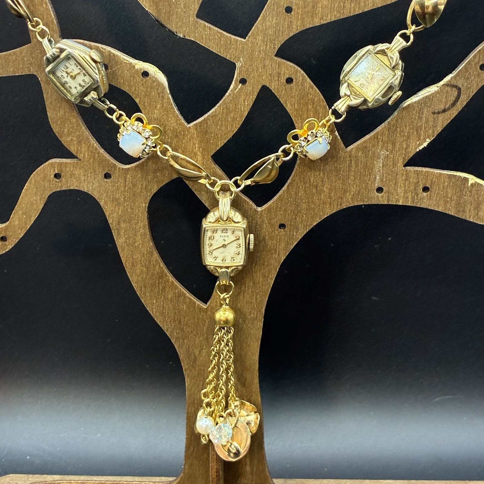 Custom OoaK Vintage Gold Filled Triple Watch Necklace, Opal, Estate Assemblage