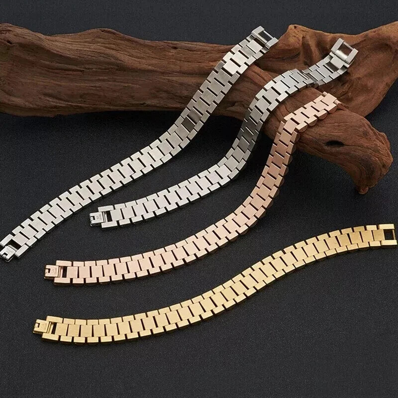 15MM Wide 8/8.86‘’ Watch Chain Wristband Bracelet Gold Plated Stainless Steel