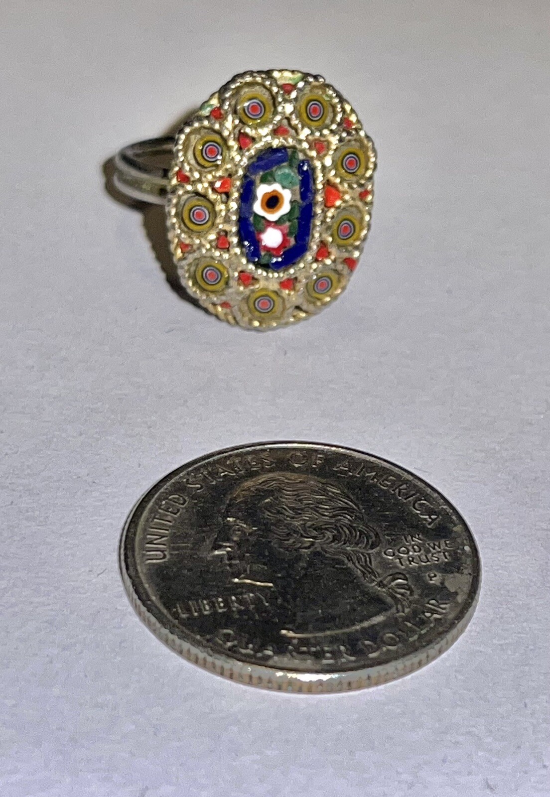 Vintage Pieter Dura Micro Mosaic Oval Goldtone Ring Italy Size 5 Adjustable