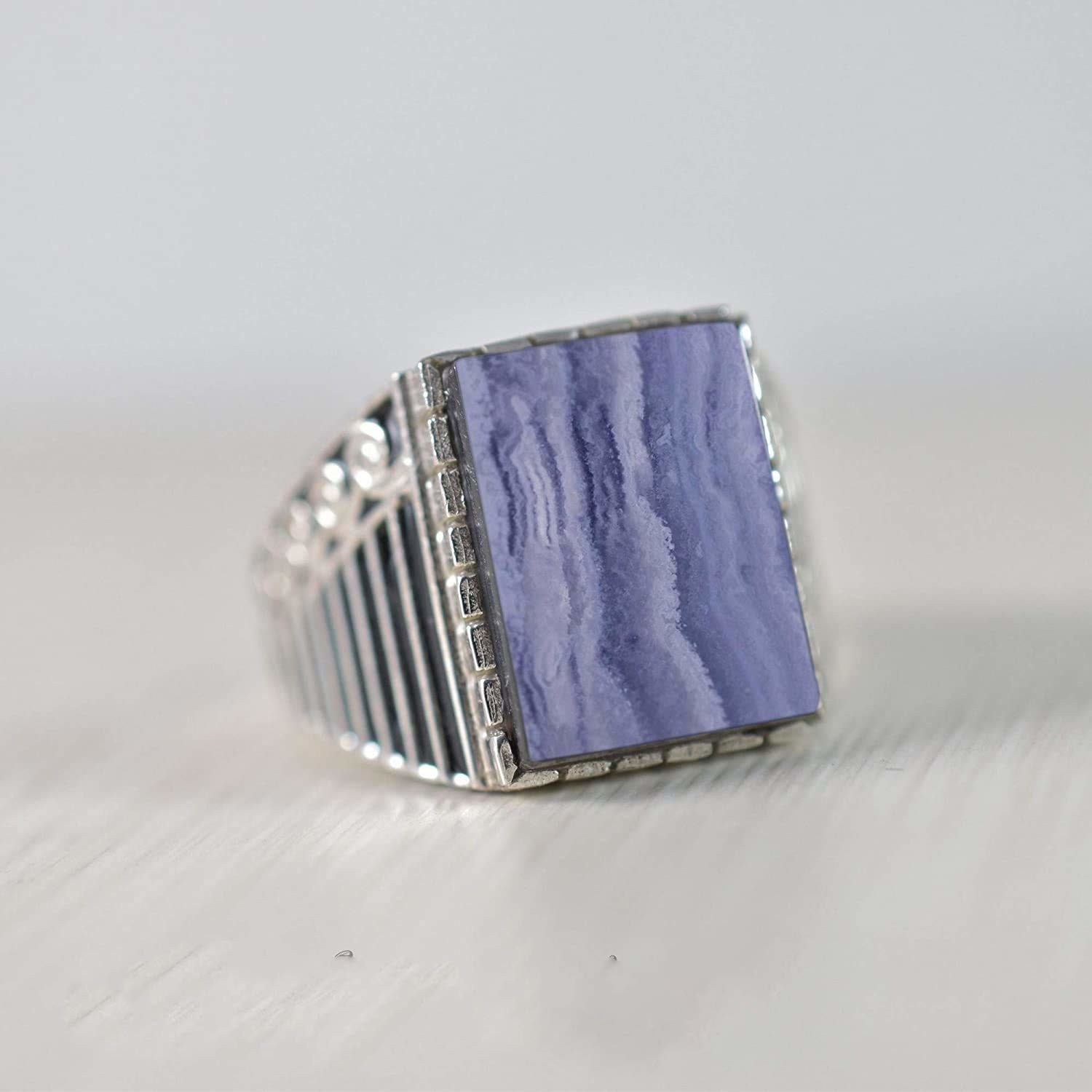 Solid 925 Sterling Silver Natural Blue Lace Agate Gemstone Men’s Unisex Ring