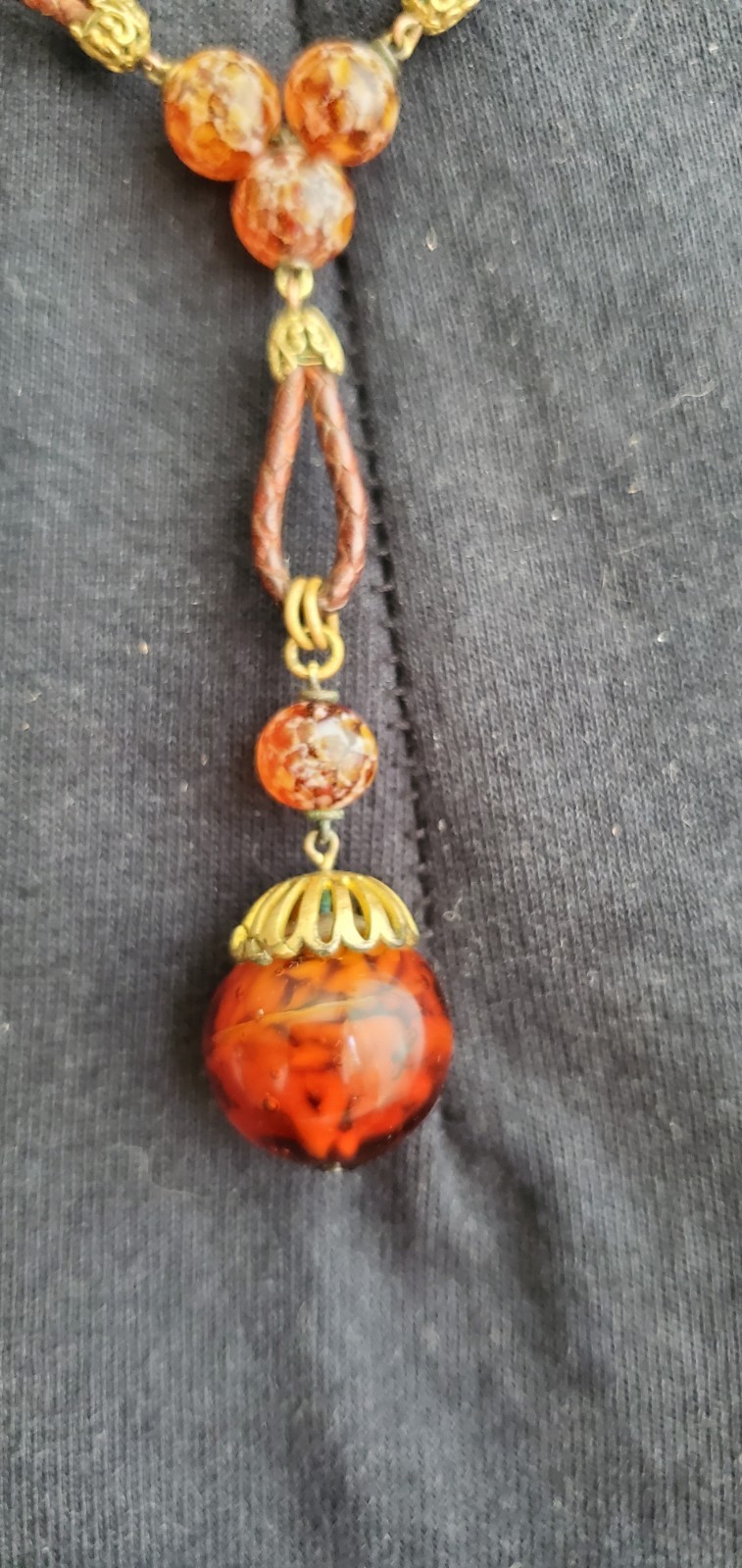 1920s ART DECO ~ LOUIS ROUSSELET Glass & Plaited Leather PENDANT Y NECKLACE