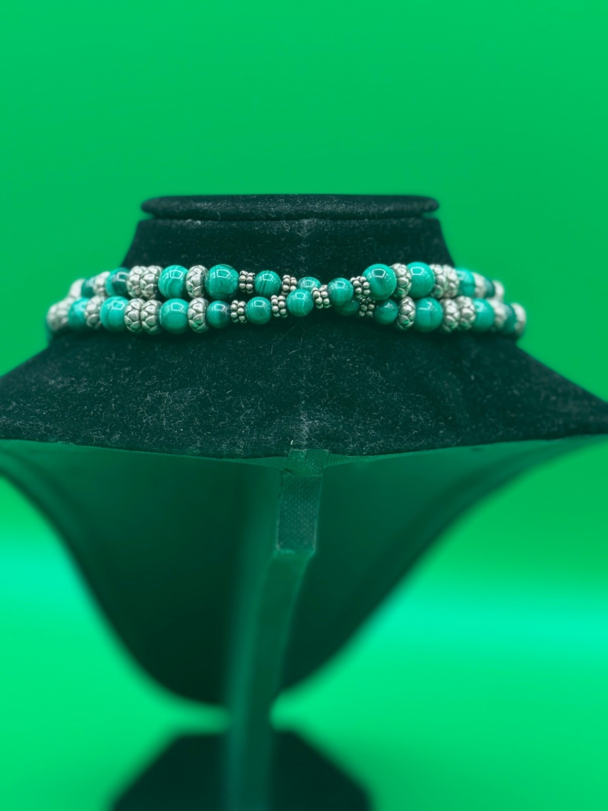 Malachite and sterling wire wrapped pendant necklace handcrafted 28 in 140 gm