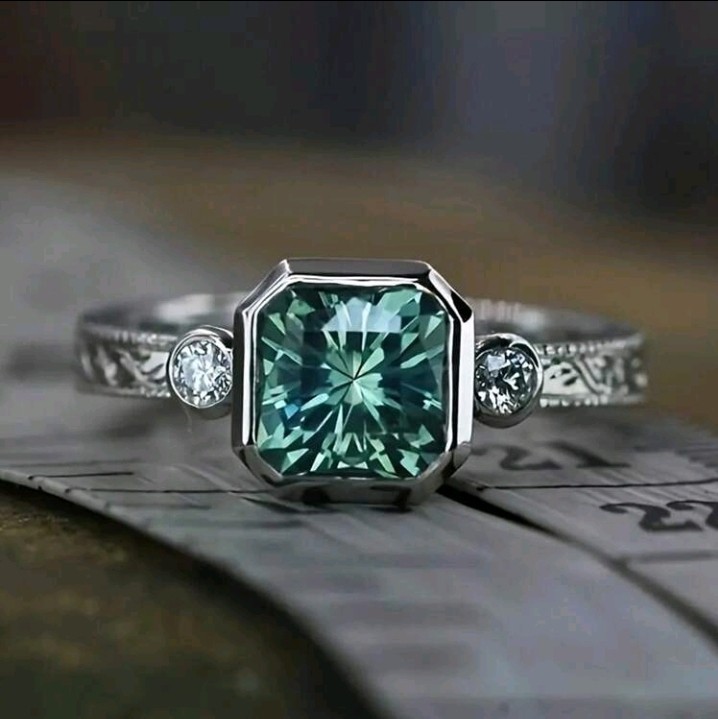 Silver-Plated Zinc Ring Green Square-Shaped CZ Size 5