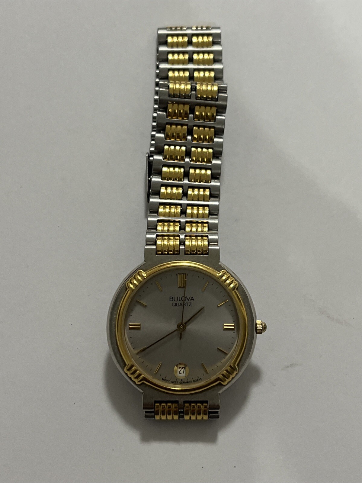 1991 Bulova 90B43 Quartz Date Stainless & Gold Thin Dress Watch —(F)