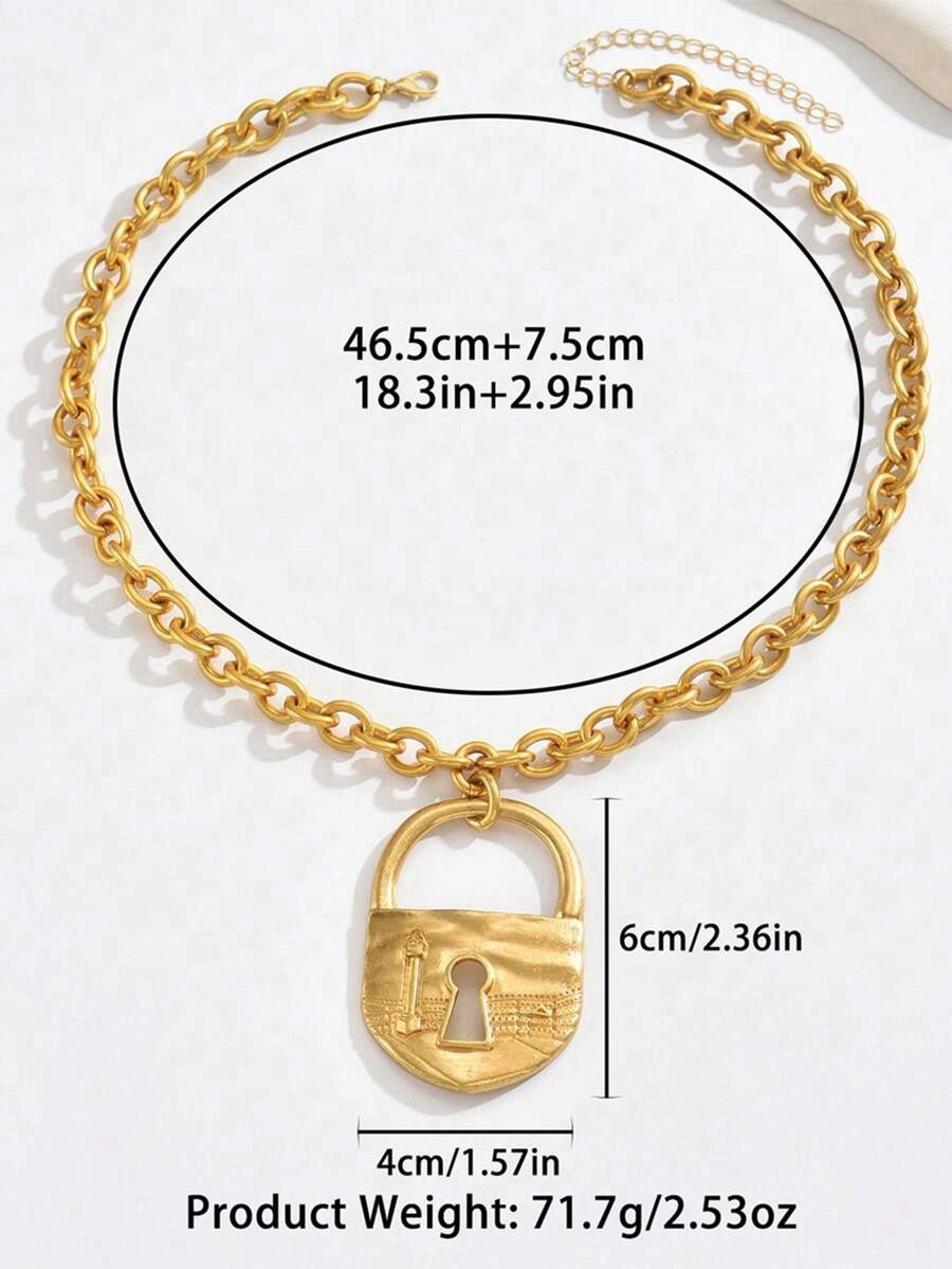 Gold Padlock Necklace Chunky Chain Statement Keyhole VTG Key Steampunk Y2K Boho