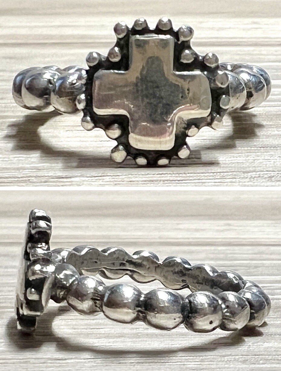 Designer Dian Malouf Sterling Silver Beaded Shank Cross Eternity Ring, Size 6.5