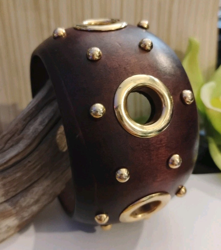 Rock n’ Roll BOHO Vibes! Chunky Wooden Bangle Bracelet w/Golden Rivets/Studs!