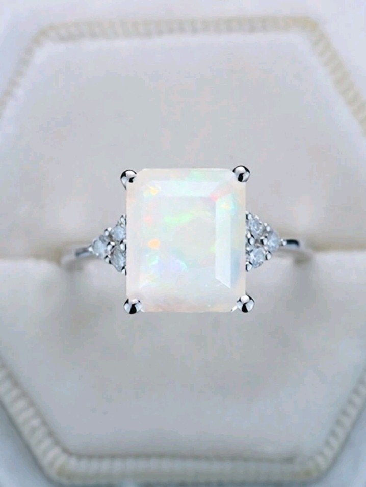 Silver-Plated Zinc Ring Square Cut Opal Stone Size 7