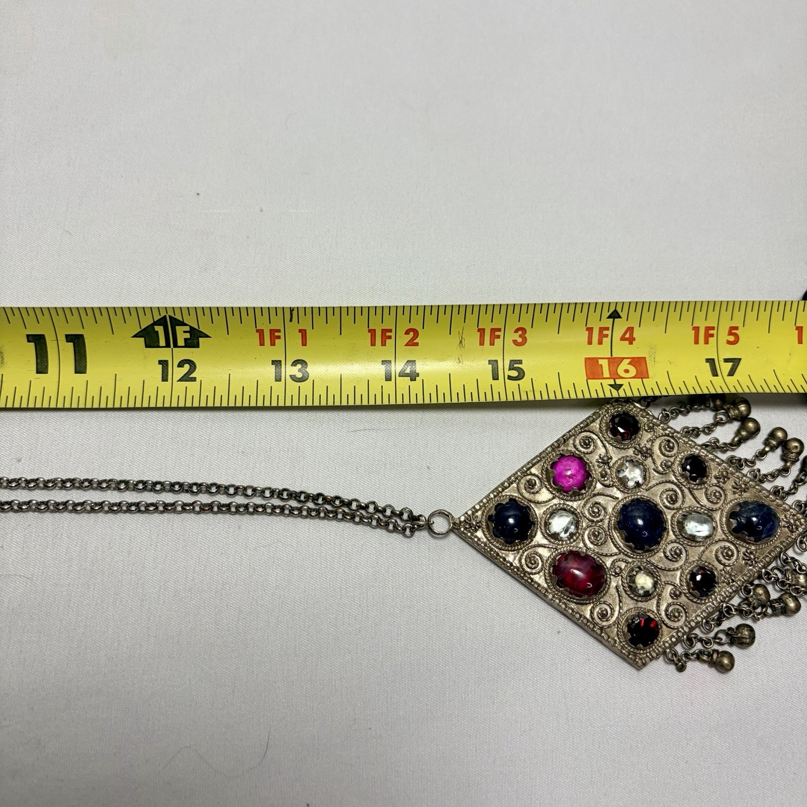 Vintage Kuchi Tribal Pendant Intricate Metalwork Adorned Colored Cabochons