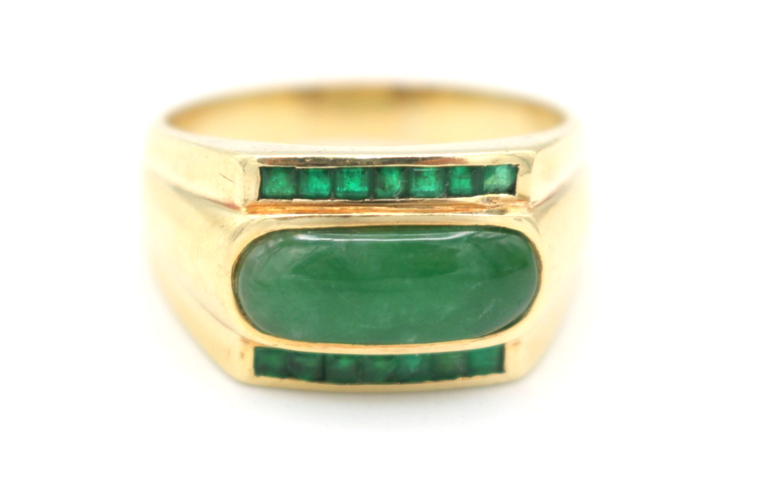 Vintage 750 18k Yellow Gold Cabochon Jade Emerald Cocktail Ring 12g Size 11