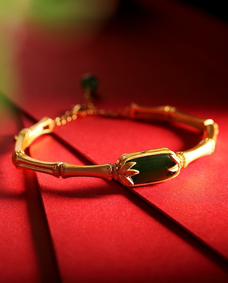 I03 Bamboo Bracelet with Green Jade Sterling Silver 925 Gold Plated