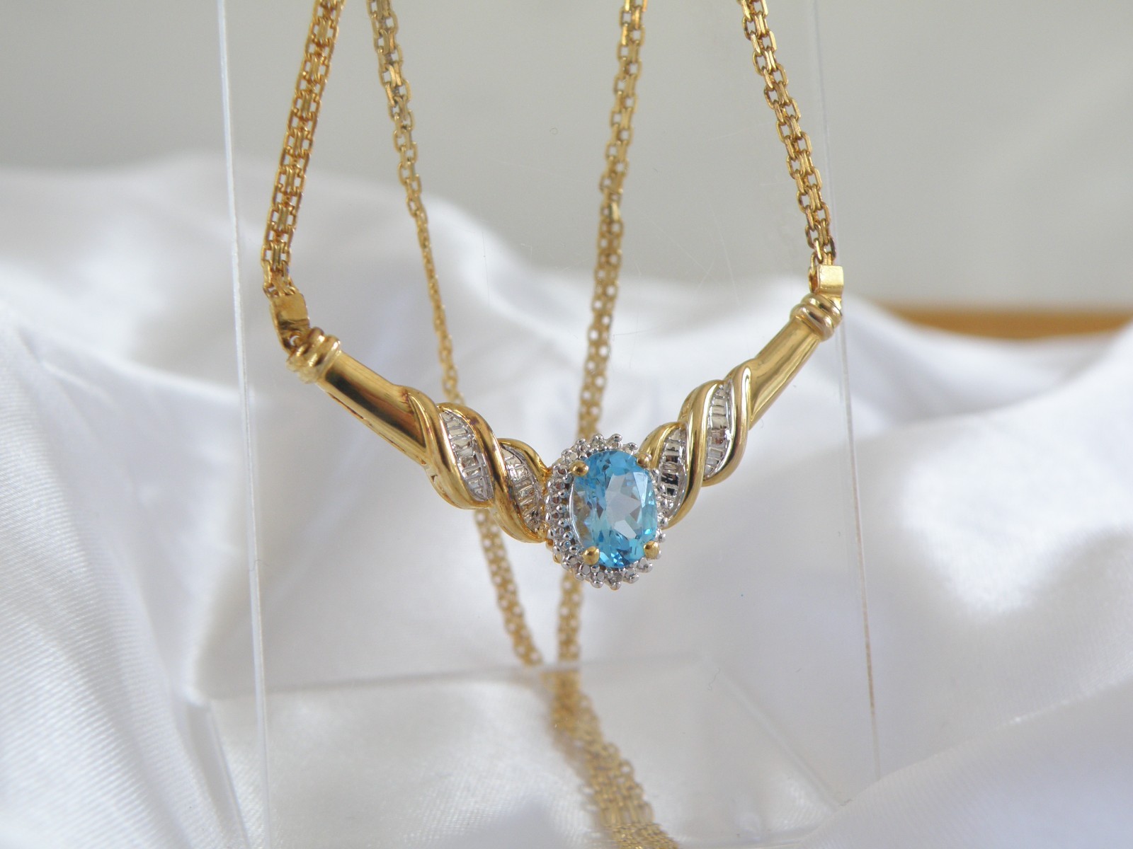 14K Gold on Sterling Silver 925 Natural Heated Blue Topaz Diamond Necklace 18″