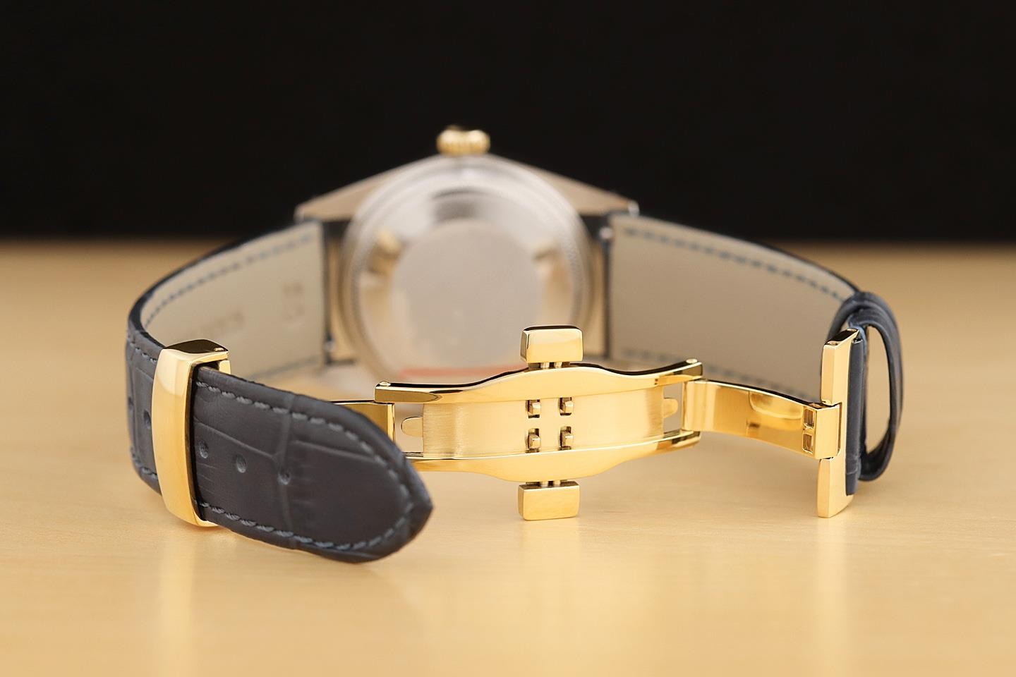 ROLEX DATEJUST 1601 14K YELLOW GOLD STEEL CHAMPAGNE DIAL BLUE LEATHER BAND WATCH