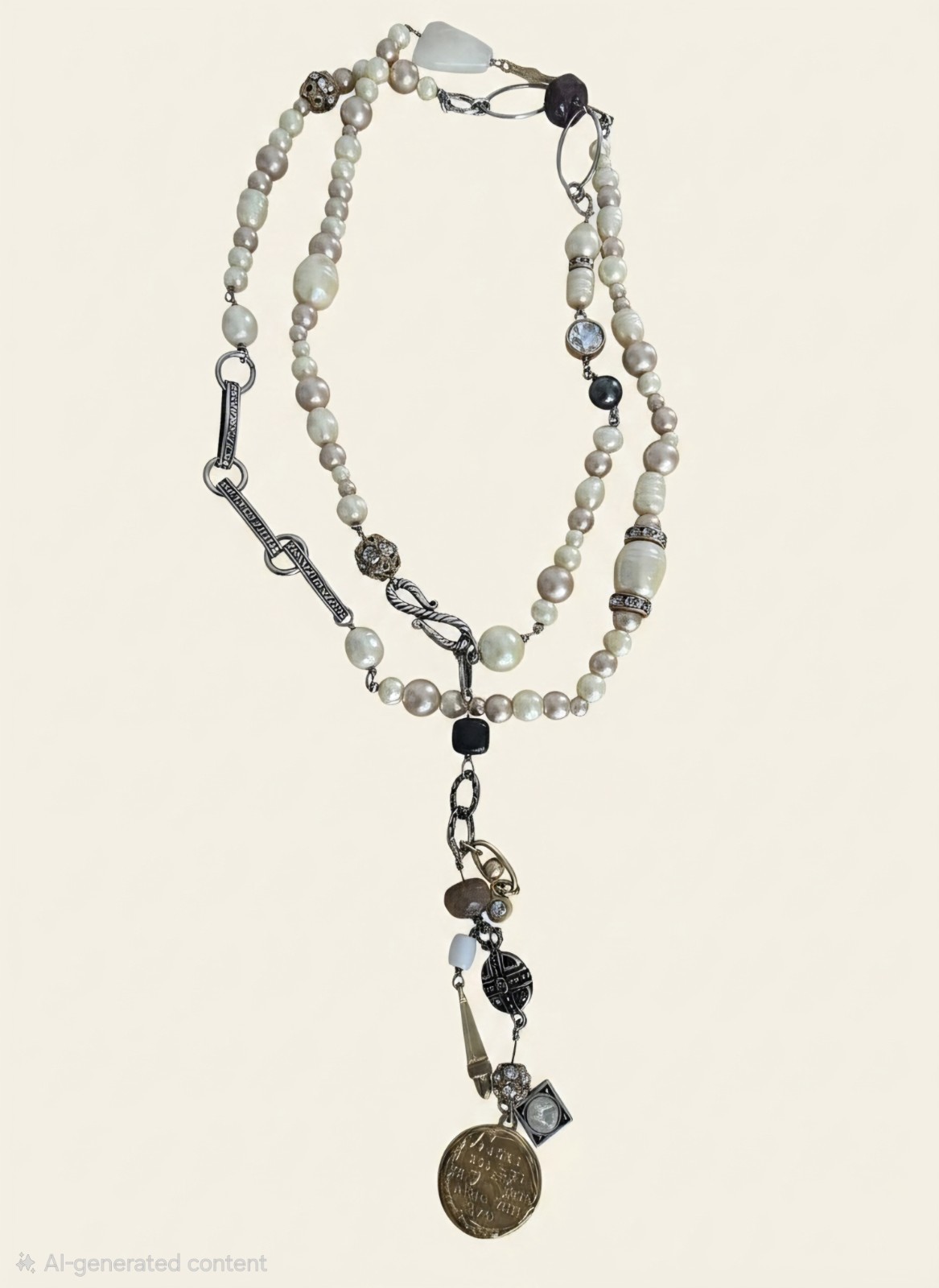 Cabi #2147 Treasure Necklace Mixed Media Pearls Charms Gold Silver Boho Chic