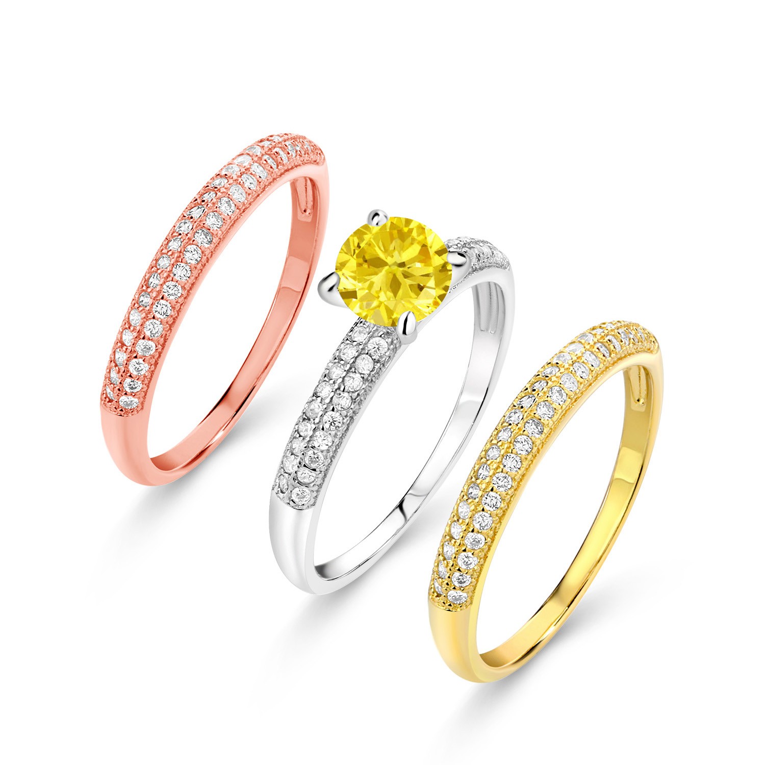 2.94 Ct Round Yellow Zirconia 925 Sterling Silver Set of 3 Stacking Ring