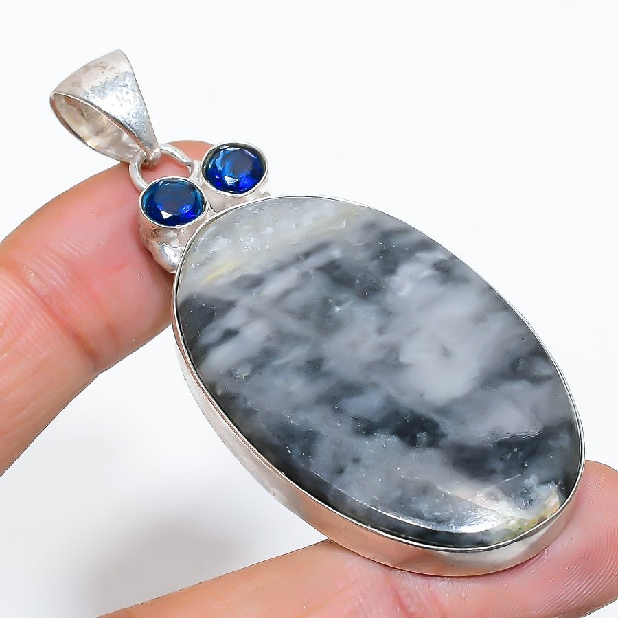 Fume Agate, Blue Topaz Gemstone 925 Sterling Silver Jewelry Pendant 2.64″ f033