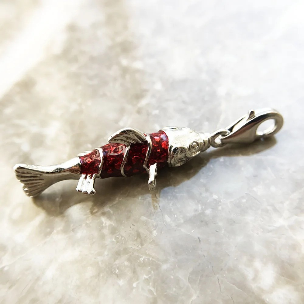 Red Fish Enamel Pendant 925 Sterling Silver Charm Lobster Lock Gift
