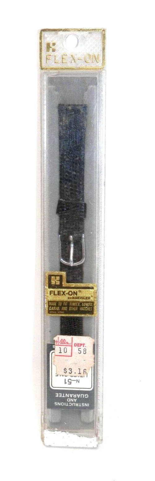 Vintage Flex-On Ladies Lizard Calf Watch Band 1/2″ Black Silver Buckle New NOS