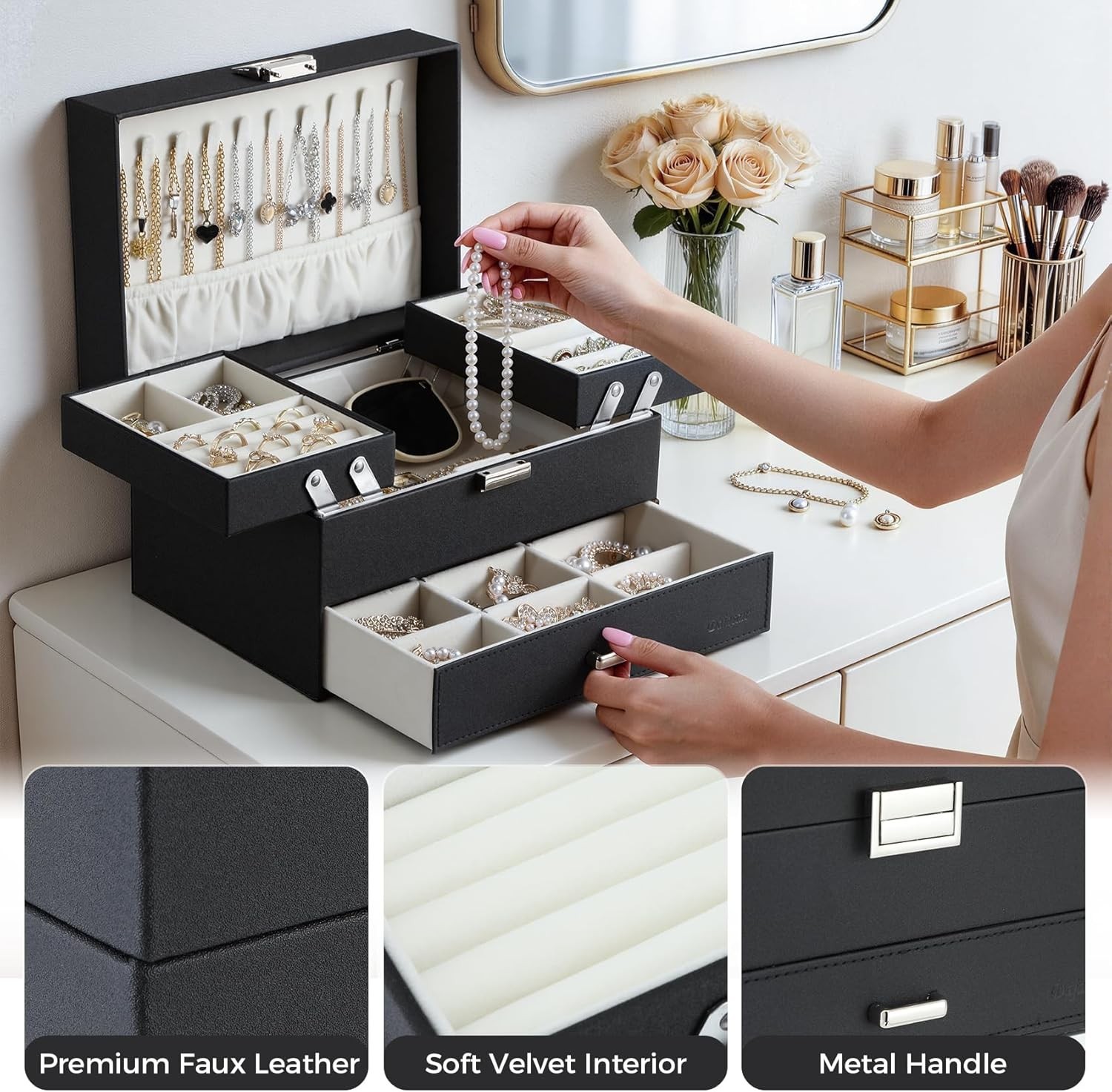 Jewelry Organizer Box Large Storage Case with Drawer for Women Girls Black