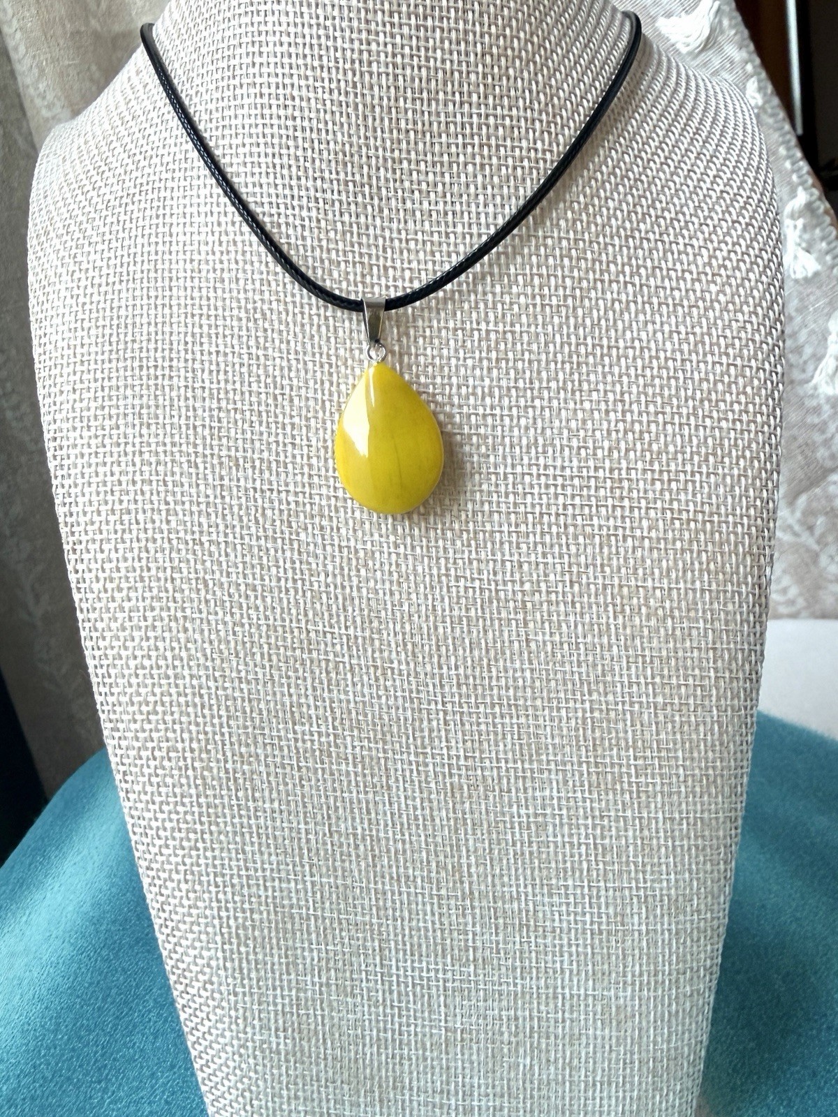 Mustard Yellow Jasper Pendant Necklace 19in Black Cord Dark Academia Mid-Century