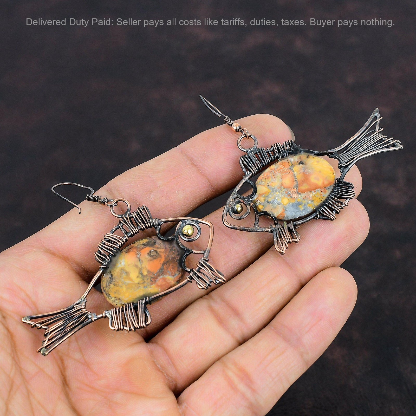 Copper Maligano Jasper Gemstone Ethnic Hook Boho Wire Wrapped Fish Drop Earrings