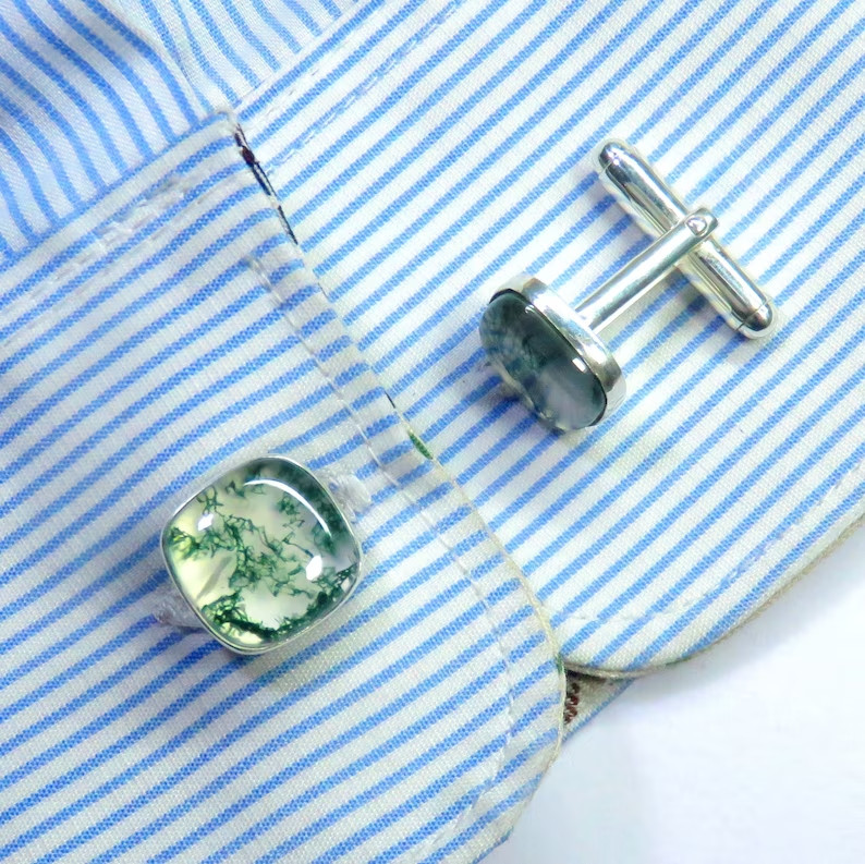 Moss Agate Gemstone 925 Sterling Silver Cufflinks For Boyfriend Valentine’s Gift