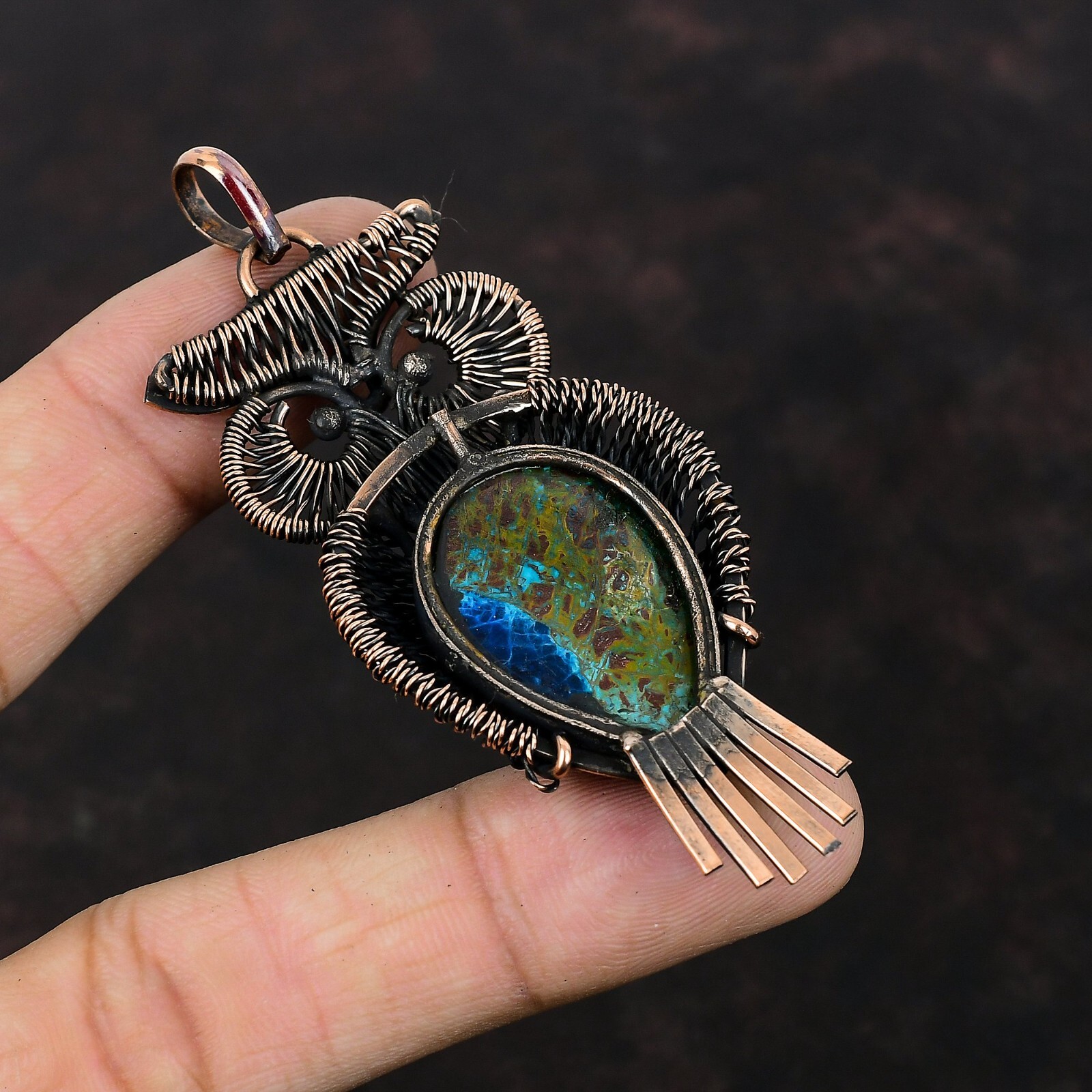 Azurite Malachite Jewelry Copper Friend Gift Wire Wrapped Owl Pendant 3.15″