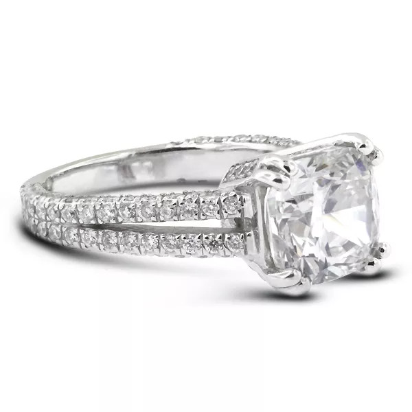 Side Stone Engagement Ring 14K Gold 2.53 Carat Cushion Lab-Grown Diamond H VS2
