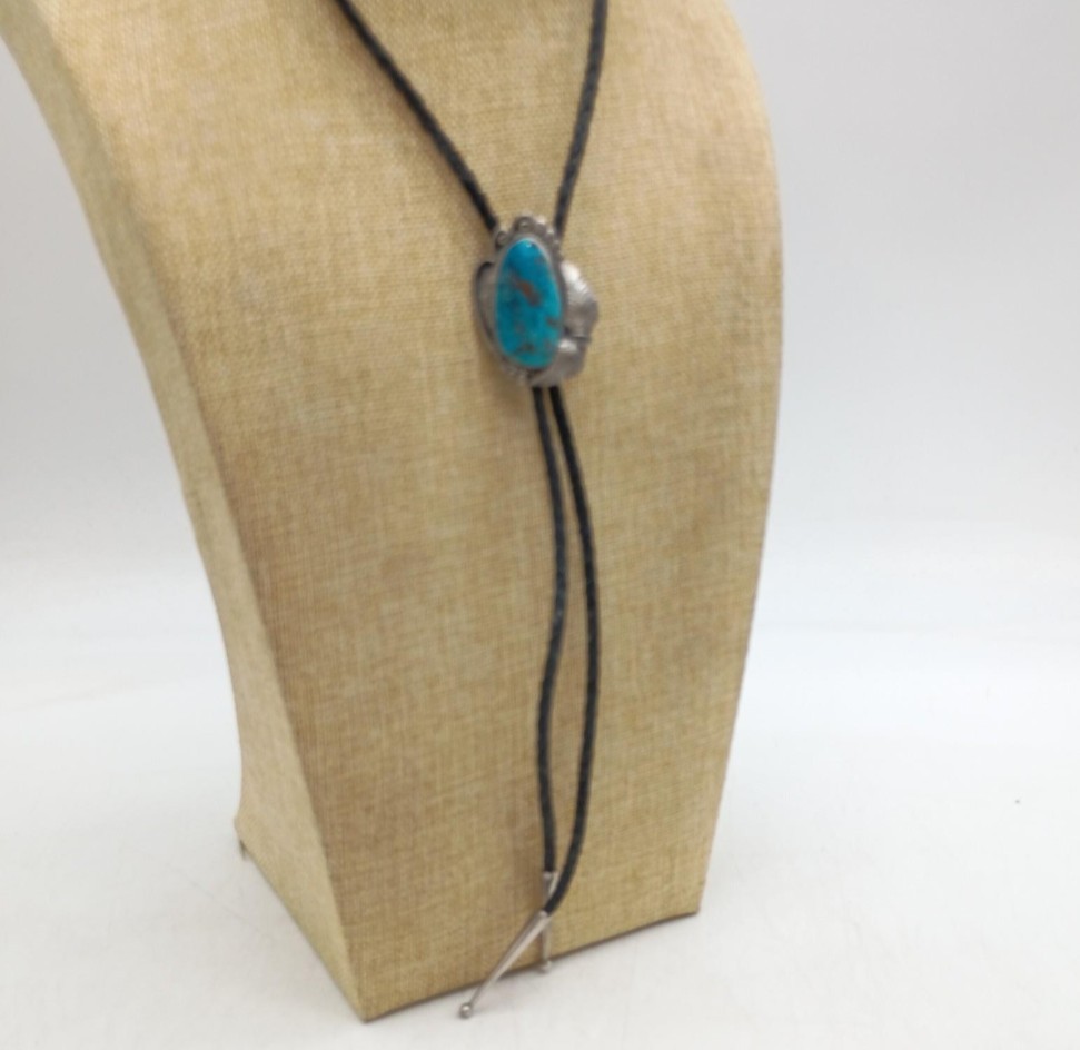 Vintage Sterling Silver Native American Design Turquoise Bolo Tie
